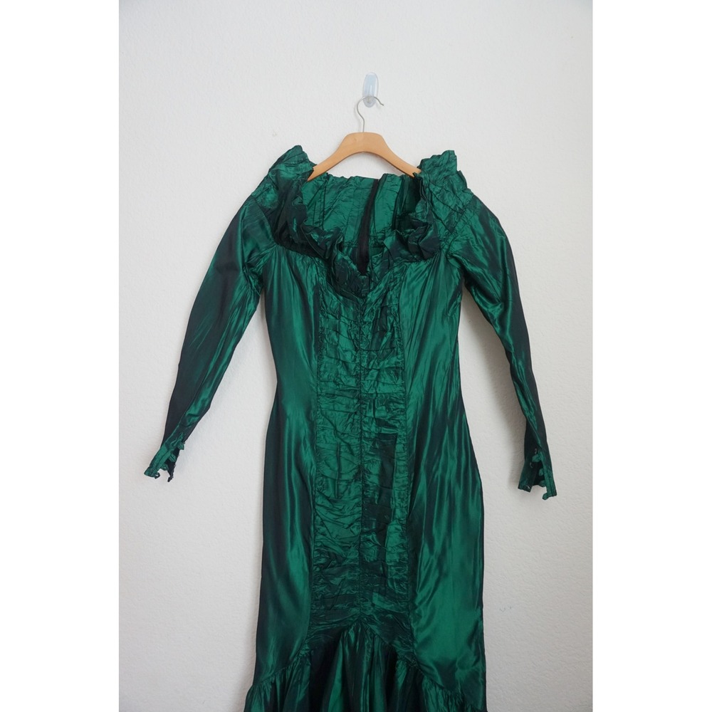 Gunne Sax 80's Emerald Green Ruched Evening Gown Goth Mermaid Formal Dress - Picture 2 of 9
